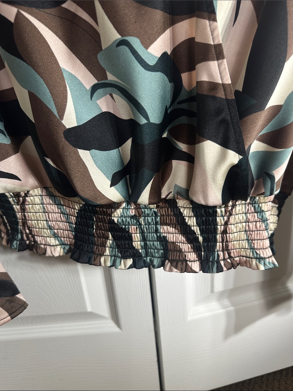 Pleione Abstract Floral Wrap Blouse in Teal, Brown & Cream - Picture 3 of 4